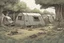 Placeholder: campsite, overgrown, post-apocalyptic, comic book,