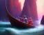 Placeholder: sango fantasy, fantasy magic, intricate, sharp focus, illustration, highly detailed, digital painting, concept art, matte, Greek mythology Charon ferryman in boat on river styx, sharp jagged rocks, red purple blue colours, red hot lava river