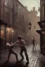 Placeholder: photorealistic painting of young boy fighting old boy, industrial era, night time, people in background, diagon alley