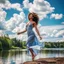 Placeholder: full body shot of very beautiful lady dancing in country side , curly hair ,next to small clean water river,pretty clouds in blue sky