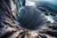 Placeholder: at the base of the rocky mountain peninsula, a great whirlpool waterfalls into deeper unknown depths