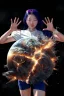 Placeholder: An image of a young Korean woman with a eyes closed expression happy, holding her hands up as if she is reacting to a catastrophic event in front of her. Film, cinematic, realistic, extreme depth of field, She is wearing a white blouse with detail, blue shorts, and sunglasses pushed up onto her head. In front of her, there is a highly detailed planet resembling Earth, dramatically cracking and breaking apart with fiery explosions and molten lava visible at the fractures.