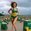 Placeholder: [photo by Kevin Eastman and Peter Laird] surprised April O'Neil, 24-years-old wearing a olive green one-piece swimsuit , running away from giant rubik's cubes, the overcast sky in the background, vibrant 1990's movie