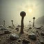 Placeholder: A striking quality close-up Ilford photograph captures a wasteland with odd stones, odd spindle-shaped objects, spooky, creepy, details of the dust very accentuated, glossy, organic, adorned with minerals and rocks, fog. Bathed in feeble light, eerie, Max Ernst style, black sun, fog, volumetric light, octane render