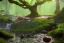 Placeholder: Magical fantasy elven cafe forest rivendell tree flower pink green yellow beautiful nature river moss sunlight