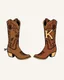 Placeholder: a pair of cowgirl boots with a large "K" in the pattern on the side of the closer boot. Vector illustration