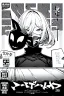 Placeholder: girl with demon mask in the middle of the room, line arts, manga cover, greyscale