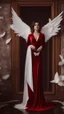 Placeholder: White wings, scissors, red dress on a luxurious velvet floor. Cinematic photo from above