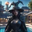 Placeholder: pen outline, layered, portrait of dark space witch hunter with strong gaze, by the pool, pool contains floating turtle tank star ship of extreme complexity and beauty,bokeh like f/0.8, tilt-shift lens 8k, high detail, smooth render, down-light, unreal engine