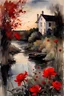 Placeholder: Night, one woman, distant house, red flowers, river, gothic horror films influence, john singer sargent watercolor paintings