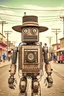 Placeholder: antique photo of a robot wearing a cowboy hat that is made out of antique cameras and lenses and antique electronics with wires interconnecting standing in the middle of a dusty wild west town road