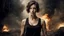 Placeholder: beautiful slender caucasian female technician with a knife, black tank top, well toned muscles, weathered face, scratched sand camo metal details, short brunette wavy bob haircut, dystopian, postapocalyptic city scene with smoke and explosions