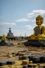 Placeholder: far in the future, a gigantic stature of a lego sits among ruins of buildings. time has weathered the landscape for thousands of years. a small makeshift camp with people can be seen contrasting the massive statue.