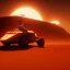 Placeholder: volumetric desert environment, Ralph McQuarrie style painting of an armored hovercraft with cannon, floating in the air, highly detailed, renderman, duststorm at sunrise