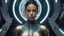 Placeholder: mid shot photo realistic incredibly beautiful Latin actress "Jennifer", facial symmetry aesthetic pretty traits, advance VR device on her eyes, enhanced exposure lights, half dressed elegant, fashion midriff, emotional look delicate athletic body, futuristic spacecraft hanger superb appealing futuristic emotional brave intricate meticulously detailed science fiction them, dramatic digital illustration volumetric lighting, 250 megapixels 8K resolution, back-lit soft lights, photo-realistic arts