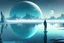 Placeholder: alien landscape with person seeing a grey exoplanet in the horizon, lagoon reflection, ice blocks, sci-fi, concept art, cinematic, very epic