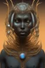 Placeholder: black African alien, cracks in the head, wicked, Asian eyes, crown, blood, 8k, finely detailed, photo realistic, Boris Vallejo style turquoise skull head gold dragon space alien rain skeleton silver helmet silver space suit spaceships