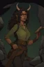 Placeholder: Dnd character with a long tail and small horns in a dark cave. A female Tiefling archeologist with greenish skin, wearing glasses, in brown adventurer's clothes. Cunning, beautiful, cool.