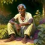 Placeholder: an indian man, oval face, tanned skin, sitting in a garden, peaceful