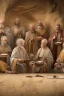 Placeholder: Several Christian priests of the 1st century AD are sitting in a cave and actively arguing and gesticulating, each holding a scroll of Ancient Scripture, many ancient scrolls are lying on a wooden table in front of them, everything is written in watercolor in high resolution, in 8k.