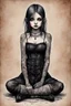 Placeholder: Petit girl goth many tattoos on his body, siting, fullbody, watercolor illustration by <John Kenn Mortensen>, darkred tones,