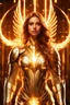 Placeholder: Photograph realistic beautiful Angel woman armor long hair stand face front in impact picture,translucent and glowing metallic patterns,glowing metal objects hovering in the air and surrounding him,Electric arcs and sparks,flow of energy,translucent magnetic lines,golden and shimmering light effects