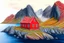 Placeholder: Colored pencil drawing, of the colorful nature of Lofoten Island in Norway, with a characteristic red houses, Ultra Realistic,