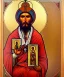 Placeholder: orthodox old icon with saint, patron of photographers. he is holding a camera in one hand and 35mm film in the other. Cyrillic inscriptions are the names of photographic brands. hyperdetailed, Alphonse Mucha, Zdzisław Beksiński, poster, illustration, ink, oil on canvas, 18th century atlas