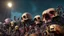 Placeholder: a picture of a dark, comedic, anatomically correct wall of colorful tightly packed stacked cyborg skulls of varying sizes and expressions, photo realistic, insanely meticulous, highly detailed, part of a collection of bones on display, 64k, dystopian, vray