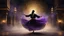 Placeholder: Hyper Realistic photographic-view of a Sufi Whirling with Golden & Purple Islamic Sufi Rustic Grungy-Black Background with thick-fog at dark-night outside an ancient Islamic architectural building with golden-sparkles-whirling showing dramatic & cinematic ambiance.