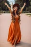 Placeholder: very beautiful ukrain lady wearing orange pretty maxi flared dress with hair silver crown ,standing idle pose