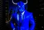 Placeholder: a realistic photo of minotaurus from head to torso wearing flashing blue tuxedo with blur manhatten background.