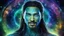 Placeholder: beautiful gorgeous young man na'vi with long hair, Avatar, blue skin, two small ears, green eyes, black hair, in cosmic suit, galactic ambiance, medium pointy goatee , smiling, nebulas and sacred geometry light figures on the backgroud,