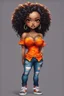 Placeholder: create a digital urban culture art image 8k of a chibi curvy black female wearing torn jeans pants and a orange tie dye off the shoulder blouse. Prominent make up with hazel eyes. Highly detailed long tight curly PONYTAIL