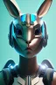 Placeholder: Portrait Sweet Rabbit ceramic mask, mad, cyan suit, cyberpunk, photo studio, black background, unreal engine 5, concept art, ray tracing, lumen lighting, ultra detail, volumetric lighting, 3d.