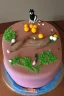 Placeholder: Birthday cake topped with a pool table, apricot tree and a husky dog