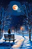 Placeholder: Painting of a lonely young woman. snowy night. park bench. city park. full moon