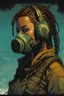 Placeholder: front facing full length portrait illustration of a grunge armored female with beaded dreadlock hair cyberpunk vampire mercenary with gas mask, telecommunications headset, and shemagh, highly detailed with gritty post apocalyptic textures, toxic irradiated landscape, finely detailed facial features and hair, in the graphic novel style of Bill Sienkiewicz, and Jean Giraud Moebius