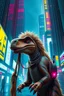 Placeholder: cyberpunk dinosaur weasel rasta man with cute fur, in big cyberpunk city