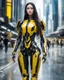 Placeholder: length image full body photo realistic high details beautiful woman long hair with body mechanical bLack and yellow inspired design by bumble bee transformer robot sense of luxury technology future, on walk in futuristic city street background