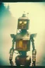 Placeholder: steampunk, vintage analog polaroid of a woman robot, female body, fog, lomography, heavy film grain, sun, color bleed, depth of field, bokeh, retro
