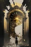 Placeholder: a time gate explodes, a palace, a person, black and gold colour