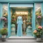 Placeholder: A fashion store in delicate light blue with green decorations, a large window pane with dresses in all bright colors. In front of the store on each side there is a large plant with bright, colorful flowers!No People