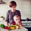 Placeholder: Realistic photo Russian shorthair beautiful tomboy boyish boylike young mother in kitchen