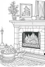 Placeholder: Cozy fireplace scene with stockings hung, clean line art, well outlined, white background, for kids coloring book.