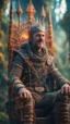 Placeholder: close up portrait of a happy blessed ancient magical king mad max soldier standing on a throne, holding a burning sceptre, in a space alien mega structure with stairs and bridges woven into a sacred geometry knitted tapestry in the middle of lush magic forest, bokeh like f/0.8, tilt-shift lens 8k, high detail, smooth render, down-light, unreal engine, prize winning