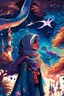 Placeholder: Muslim girl wearing a scarf with a dragon. trees . A sky colored with stars and planets. . And mosques.