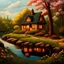 Placeholder: a painting of a house next to a body of water, cottage in the forest, idyllic cottage, cottage in the woods, cottagecore!!, solitary cottage in the woods, beautiful detailed scene, beatiful house, cottagecore, little cottage, house in forest, beautiful house on a forest path, spring evening, flowery cottage