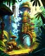 Placeholder: adventure jungle dungeon with steampunk machines tower in jungle painterly rpg art