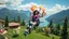 Placeholder: very beautiful lady with beautiful sports pant and top and sports shoes with curvy hair with a parachute flying in a nice villa yard with trees flowers ,in country side in floor of beautiful mountains ,sea with ships ,water falls ,looking at camera